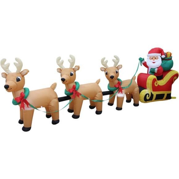 12 Foot Long Lighted Christmas Inflatable Santa Claus on Sleigh with 3 Reindeer